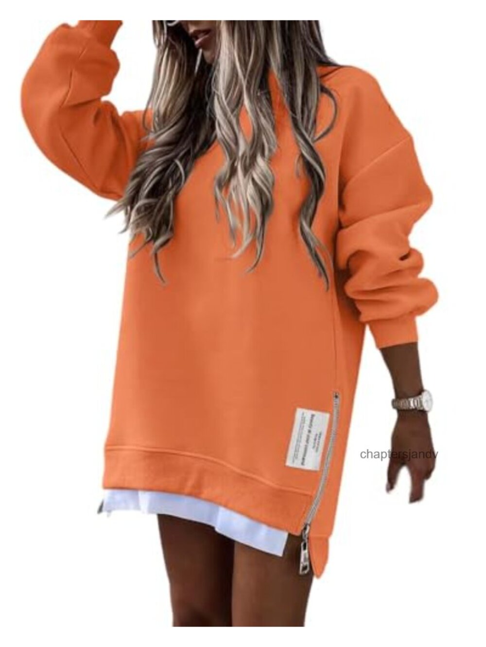 Oversized Crewneck Sweatshirt Side Zipper Slit Pullover Top